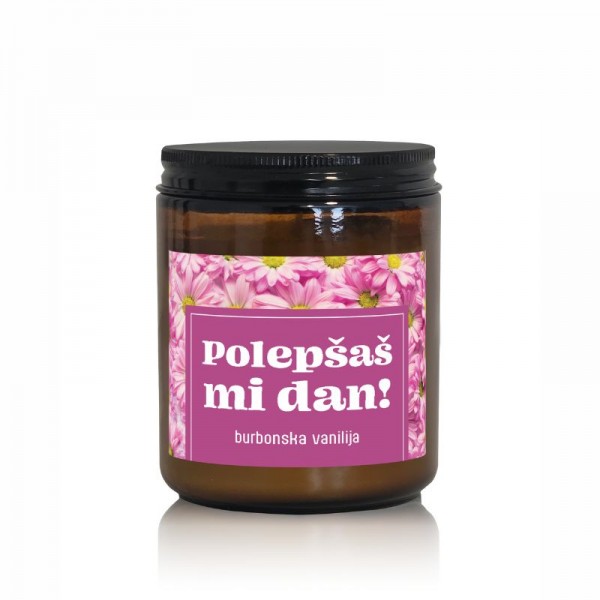 Darilna dišeča sveča z napisom in vonjem burbonske vanilije - Polepšaš mi dan!